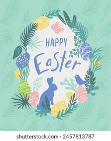 Happy Easter Day greeting card template. Colored eggs, bunny, bird, green grass, leaves, butterfly. Collage trendy style illustration for poster, banner, invitation, card design. Pastel colors