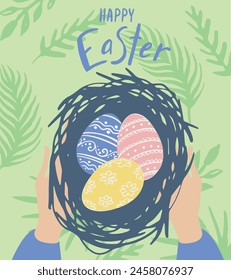 Happy Easter Day greeting card template. Colored eggs nest in hands, green grass, leaves. Collage trendy style illustration for poster, banner, invitation, card design. Pastel colors