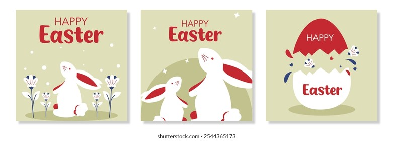 Happy Easter day greeting card set. Trendy Easter design with flowers, typography, eggs, bunny ears, flowers in green and white colors background. Modern minimal style for poster, banner, social media