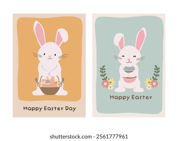 Happy Easter Day greeting card, party posters or flyers set. Easter invitation card vector. Bunny easter card set for social media post.