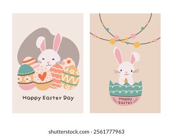 Happy Easter Day greeting card, party posters or flyers set. Easter invitation card vector. Bunny easter card set for social media post.