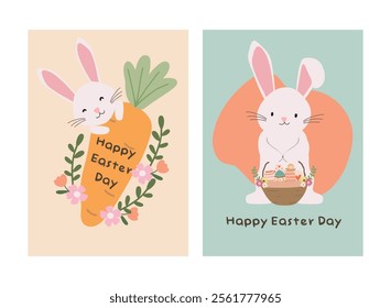 Happy Easter Day greeting card, party posters or flyers set. Easter invitation card vector. Bunny easter card set for social media post.