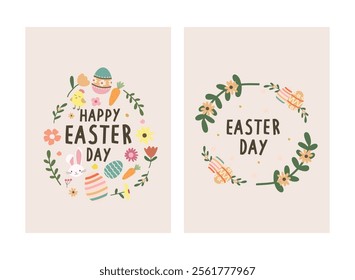 Happy Easter Day greeting card, party posters or flyers set. Easter invitation card vector. Bunny easter card set for social media post.