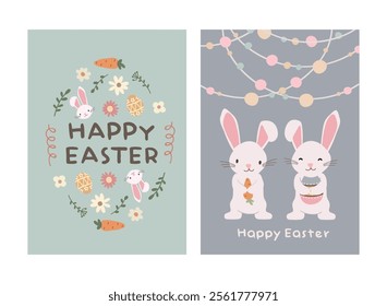 Happy Easter Day greeting card, party posters or flyers set. Easter invitation card vector. Bunny easter card set for social media post.