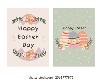 Happy Easter Day greeting card, party posters or flyers set. Easter invitation card vector. Bunny easter card set for social media post.