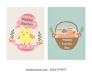 Happy Easter Day greeting card, party posters or flyers set. Easter invitation card vector. Bunny easter card set for social media post.