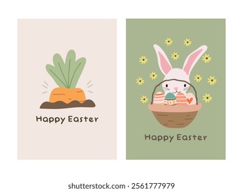 Happy Easter Day greeting card, party posters or flyers set. Easter invitation card vector. Bunny easter card set for social media post.