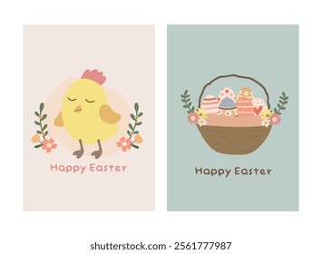 Happy Easter Day greeting card, party posters or flyers set. Easter invitation card vector. Bunny easter card set for social media post.