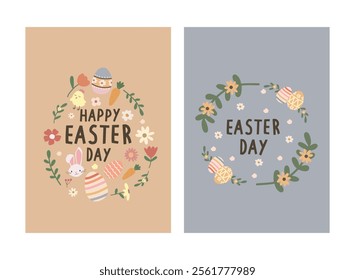 Happy Easter Day greeting card, party posters or flyers set. Easter invitation card vector. Bunny easter card set for social media post.