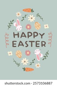 Happy Easter Day greeting card, invitation card, social media post, posters or flyers. Bunny easter card. Cute Easter bunny and spring flowers in pastel colors.