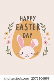 Happy Easter Day greeting card, invitation card, social media post, posters or flyers. Bunny easter card. Cute Easter bunny and spring flowers in pastel colors.