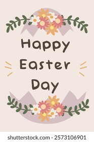 Happy Easter Day greeting card, invitation card, social media post, posters or flyers. Bunny easter card. Cute Easter bunny and spring flowers in pastel colors.