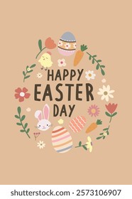 Happy Easter Day greeting card, invitation card, social media post, posters or flyers. Bunny easter card. Cute Easter bunny and spring flowers in pastel colors.