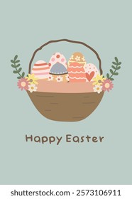 Happy Easter Day greeting card, invitation card, social media post, posters or flyers. Bunny easter card. Cute Easter bunny and spring flowers in pastel colors.