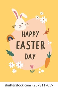 Happy Easter Day greeting card, invitation card, social media post, posters or flyers. Bunny easter card. Cute Easter bunny and spring flowers in pastel colors. Easter eggs clipart.