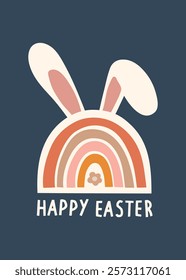 Happy Easter Day greeting card, invitation card, social media post, posters or flyers. Bunny easter card. Cute Easter bunny and spring flowers in pastel colors. Easter eggs clipart.
