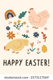 Happy Easter Day greeting card, invitation card, social media post, posters or flyers. Bunny easter card. Cute Easter bunny and spring flowers in pastel colors. Easter eggs clipart.