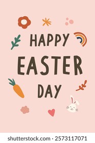 Happy Easter Day greeting card, invitation card, social media post, posters or flyers. Bunny easter card. Cute Easter bunny and spring flowers in pastel colors. Easter eggs clipart.