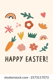 Happy Easter Day greeting card, invitation card, social media post, posters or flyers. Bunny easter card. Cute Easter bunny and spring flowers in pastel colors. Easter eggs clipart.