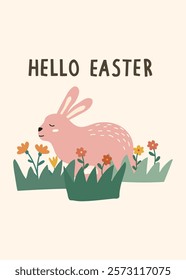 Happy Easter Day greeting card, invitation card, social media post, posters or flyers. Bunny easter card. Cute Easter bunny and spring flowers in pastel colors. Easter eggs clipart.