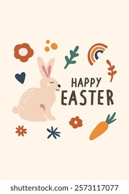 Happy Easter Day greeting card, invitation card, social media post, posters or flyers. Bunny easter card. Cute Easter bunny and spring flowers in pastel colors. Easter eggs clipart.