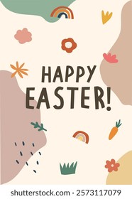 Happy Easter Day greeting card, invitation card, social media post, posters or flyers. Bunny easter card. Cute Easter bunny and spring flowers in pastel colors. Easter eggs clipart.