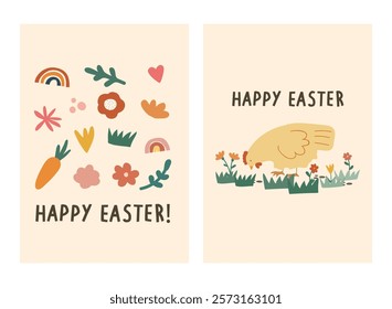 Happy Easter Day greeting card, party posters or flyers set. Easter invitation card vector. Bunny easter card set for social media post.