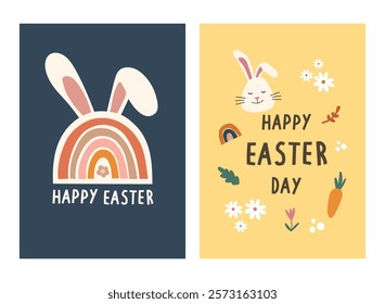 Happy Easter Day greeting card, party posters or flyers set. Easter invitation card vector. Bunny easter card set for social media post.