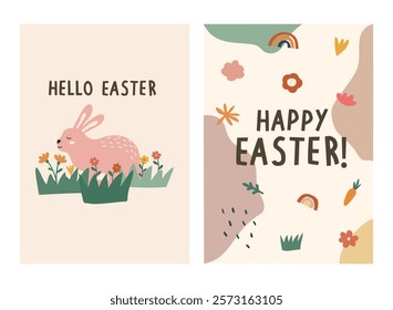Happy Easter Day greeting card, party posters or flyers set. Easter invitation card vector. Bunny easter card set for social media post.
