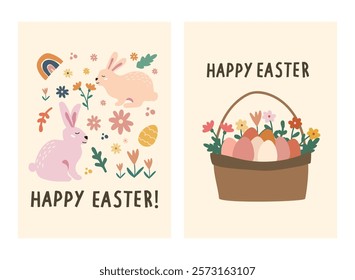 Happy Easter Day greeting card, party posters or flyers set. Easter invitation card vector. Bunny easter card set for social media post.