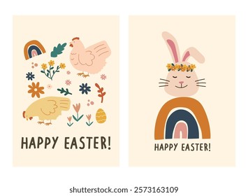 Happy Easter Day greeting card, party posters or flyers set. Easter invitation card vector. Bunny easter card set for social media post.