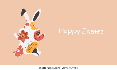 Happy Easter day greeting card with Easter bunny in floral pattern.