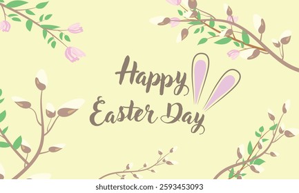 Happy Easter Day greeting card background bunny ears, spring flowers, willow branches isolated vector illustration gentle tones	