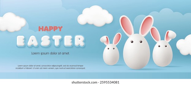 Happy Easter day greeting card and banner template. White egg with bunny ears on a blue background. Cute rabbit. Social media sale promotion poster, wallpaper. Vector