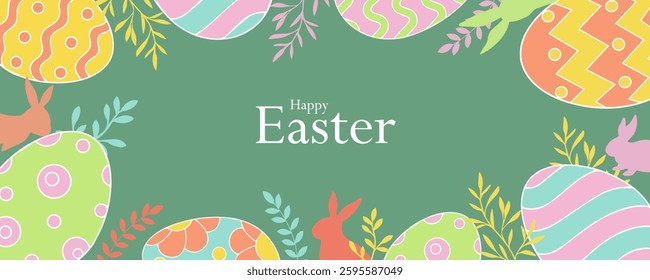 Happy Easter day greeting card banner background,horizontal poster, holiday cover or web banner design template with Easter eggs and Easter bunny. Trendy and cute colorful flat style.