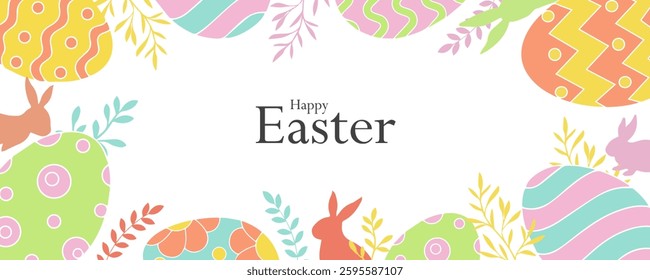 Happy Easter day greeting card banner background,horizontal poster, holiday cover or web banner design template with Easter eggs and Easter bunny. Trendy and cute colorful flat style.