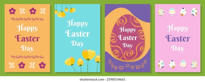 Happy Easter Day greeting card, party posters or flyers set. Easter invitation card. Vector template design.