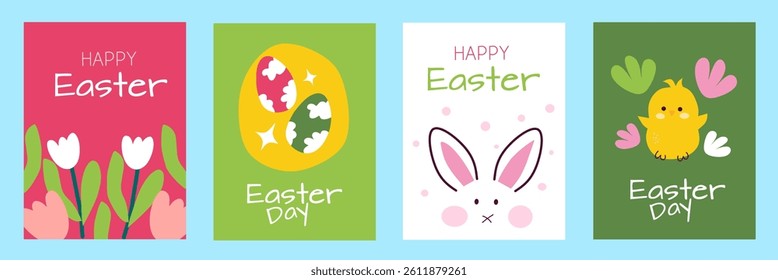 Happy easter day greeting card set. Hand drawn of flat cartoon with cute bunny, flowers, eggs, chick, typography on colorful background. Vector illustration for vertical poster, banner, social media.