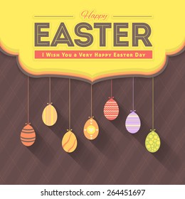 Happy Easter Day Greeting Card or Web Banner, Hanging Eggs Announcement Flat Background