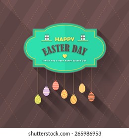 Happy Easter Day Greeting Card, Hanging Eggs Announcement Flat Background