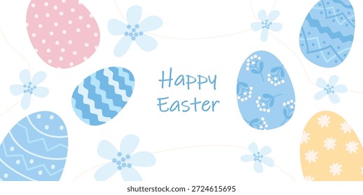 Tarjeta de felicitación feliz del día de Pascua. Huevos decorados y flores de primavera. Ilustración vectorial sobre fondo blanco