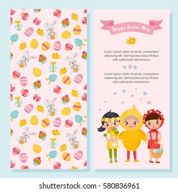 Happy Easter Day greeting card. Illustration of cute children in costumes. Little girl and boy with flowers bouquet. For postcard or invitation.