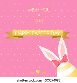 Happy Easter Day greeting card. Vector illustration with easter egg and bunny ears, ribbon and heart on pink background. Wish you a very Happy Easter sign.