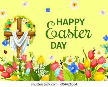 Happy Easter Day greeting card. Crucifix cross on spring flower meadow with floral wreath of Easter egg, tulip, lily and narcissus flowers, willow tree twigs. Easter holiday floral poster design