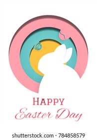 Happy Easter Day Greeting card illustration vector. Rabbit and Easter eggs in composition. Holiday and Artwork concept. Animal in paper theme.