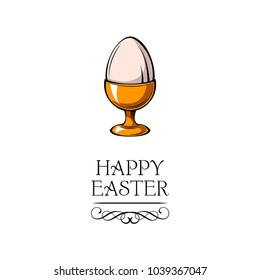 Happy easter day greeting with egg holder. Easter eggs in egg-cup. Swirly lines, flourish elements. Vector illustration.