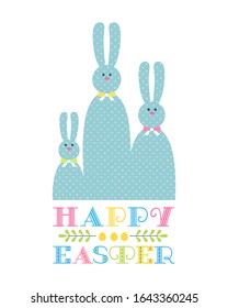 Happy Easter day greeting poster template. Cute free hand drawn letters retro design. Decorative easter bunny vector cartoon. Festive invitation christian event party flyer background illustration