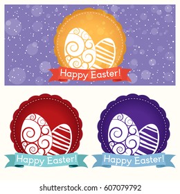 Happy Easter day greetings cards with Easter eggs. Collection of Easter eggs label. Colored label.