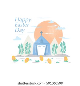 Happy Easter Day greetings illustrations/ Vector art of church, easter egg, plants and sunset scenery