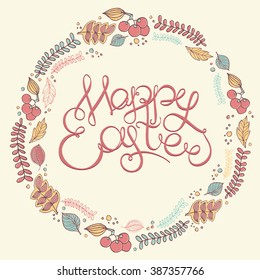 Happy easter. Easter day Hand drawing lettering headline on decorative floral background. Easter greeting card